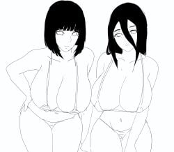 2girls big_breasts bikini bikini_top black_and_white boruto:_naruto_next_generations female female_only huge_breasts hyuuga_hanabi hyuuga_hinata lickliking mature_female naruto naruto_(series) swimsuit swimwear