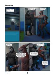 absurd_res anthro bovid bovine brown_body brown_fur buruthebull clothing comic dragon_(maxwellshiba) english_text fur hi_res horn jockstrap lunjy_(maxwellshiba) male mammal muscular muscular_male page_1 pool scalie tail underwear