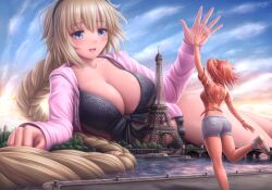 2girls ass blonde_hair blue_eyes boat bridge cleavage eiffel_tower fate/grand_order fate_(series) female female_only fujimaru_ritsuka_(female) giantess jeanne_d'arc_(fate) large_breasts lying lying_on_side orange_hair river smile waving zenkisu