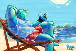 1boy absurd_res beach beverage blue_body bottomwear bulge clothed clothing day epic_games fingerless_gloves fortnite fully_clothed gloves goo_creature goo_humanoid handwear hi_res holding_beverage holding_object humanoid looking_at_viewer male male_only one_eye_closed open_mouth open_smile outside rippley rippley_(fortnite) sand seaside shirt shorts sitting sky smile solo sugarovin sun swimming_trunks swimwear tank_top topwear water wink