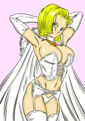 1girls android_18 big_breasts blonde_hair blue_eyes breasts cameltoe choker corset cosplay crossover dragon_ball dragon_ball_z elbow_gloves emma_frost_(cosplay) female female_only fokknight garter_belt garter_straps hellfire_club human human_only laced_corset light-skinned_female light_skin marvel marvel_comics panties solo thighhighs white_queen x-men