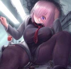 2girls bigger_female blush chaldea_uniform fate/grand_order fate_(series) female female_only fujimaru_ritsuka_(female) giantess glasses growth large_breasts mash_kyrielight pantyhose pink_hair purple_eyes room_filling sitting size_difference zenkisu