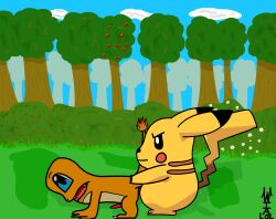 charmander dominant_feral duo forest forest_background generation_1_pokemon hi_res male male/male nature nature_background nintendo pikachu plant pokemon pokemon_(species) tree weirdoiamlol