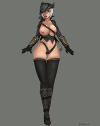 black_legwear bloodborne blue_eyes fromsoftware hat huge_ass itsslowlypinkbouquet morrigin_paine pinup thick_thighs white_hair wide_hips