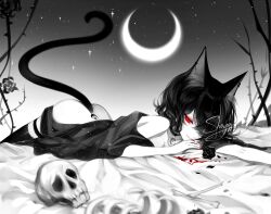 ass bell_collar black_hair blood cat_ears cat_tail catgirl collar crescent_moon lying_on_bed lying_on_stomach nekomimi red_eyes sheya short_hair small_breasts tattoo