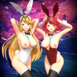 2girls 3d 3d_(artwork) areolae armpits bangs blobcg blonde_hair breasts breasts_out bunny_ears bunny_girl bunnysuit caramelldansen core_crystal female gold_eyes highleg_leotard huge_breasts latex leotard light-skinned_female long_hair mythra_(xenoblade) nintendo nipples pyra_(xenoblade) red_eyes red_hair short_hair swept_bangs thick_thighs wide_hips xenoblade_(series) xenoblade_chronicles_2