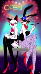 2girls black_high_heels bow bunnysuit cat_ears cat_tail catgirl countryhumans countryhumans_girl english_text female female_only fishnets high_heels japan_(countryhumans) kuzuyu_(artist) playboy_bunny red_eyes red_high_heels stockings sunglasses sweat text united_states_of_america_(countryhumans) white_body white_skin