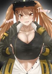 between_breasts big_breasts breast_squeeze brown_eyes brown_hair cleavage female giantess girls'_frontline gloves large_breasts navel person_between_breasts scar scar_across_eye twintails ump9_(girls'_frontline)