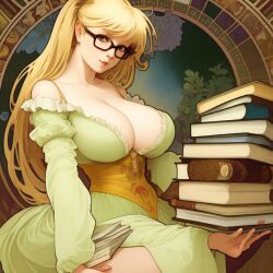 1girls ai_generated art_nouveau big_breasts black_glasses blonde_hair book books disembodied_hand dress glasses green_dress huge_breasts librarian long_hair stable_diffusion