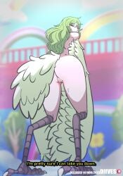 2023 animated anthro anus ass avian avian_feet bouncing_butt breasts butt_jiggle diives european_mythology feathered_wings feathers female female_only genitals greek_mythology green_hair green_tail green_wings hair harpy hi_res humanoid jiggling jiggling_butt looking_at_viewer looking_back looking_back_at_viewer low-angle_view monet_(one_piece) mythological_avian mythology nude one_piece presenting presenting_hindquarters pussy raised_tail rear_view scuted_legs scutes short_playtime solo tail tail_feathers wings yellow_eyes