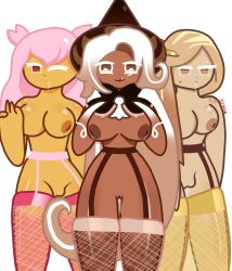 3girls after_sex bad_anatomy blonde_hair brown_eyes brown_hair cherry_blossom_cookie cookie_run cum_in_pussy financier_cookie garter_belt lactation latte_cookie_(cookie_run) pink_hair red_eyes standing two_tone_hair ugly white_background white_hair