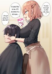 1girls barber_chair big_breasts blue_eyes blush dialogue english_text faceless_male flirting itohana long_skirt original original_character red_hair short_hair text translated