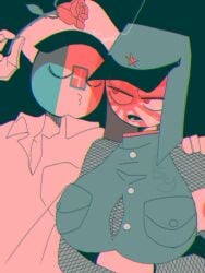 1boy 1girls angry big_breasts black_background closed_eyes clothing countryhumans countryhumans_girl fascist_italy_(countryhumans) female fishnets green_clothing hay japanese_empire_(countryhumans) kiss kuzuyu_(artist) male military_uniform red_eyes simple_background uniform white_clothing