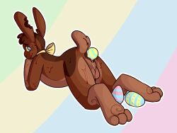 1boy anthro balls candy chocolate dessert dragunsnack easter easter_bunny easter_egg egg egg_laying food food_creature genitals holidays lagomorph leporid looking_at_viewer male male_only mammal melting rabbit simple_background smile solo