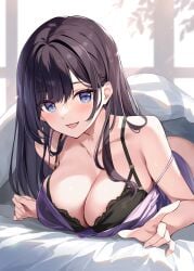 1girls bed big_breasts black_hair blue_eyes blush cleavage female female_only laying_down lingerie original original_character oryou tagme