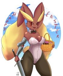 anthro anthrofied armor big_breasts breasts cleavage clothing easter female holidays jmf lopunny medieval_armour nintendo pokémon_(species) pokemon pokemon_(species) solo sword thick_thighs wide_hips