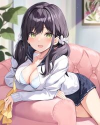 big_breasts black_hair bra cleavage couch green_eyes open_shirt original original_character oryou school_girl school_uniform skirt