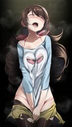 big_breasts blush bra bra_strap brown_hair clothing_damage crying imminent_rape long_hair panties pantyhose partially_clothed pokemon pokemon_bw2 rosa_(pokemon) shirt_tug sweat tears torn_clothes tsukishiro_saika