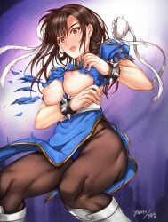 1girls 2023 2d artist_name artist_signature big_breasts black_thighhighs blush breasts breasts_out brown_hair chun-li clothed clothed_female ear_piercing earrings female female_only fit fit_female flustered hazel_eyes human human_female human_only light_eyes medium_hair mostly_clothed muscular muscular_female nipples no_sex open_mouth pantyhose qipao realistic_proportions ripped_clothing shocked solo solo_female street_fighter thick_thighs thighs torn_clothes yaoto