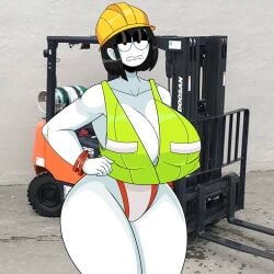 1girls 2023 bangs big_breasts black_eyes black_hair bracelet breasts car cleavage clenched_teeth collarbone colored_skin construction_worker cowboy_shot female forklift_certified ground_vehicle hand_on_hip hard_hat hat highleg huge_breasts jewelry looking_at_viewer motor_vehicle one-piece_swimsuit outdoors photo_background saltynoodles short_hair solo standing teeth thick_thighs thighs voluptuous white_one-piece_swimsuit yellow_headwear