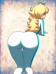 1girls ass bent_over biker_clothes bikesuit blonde_hair blue_eyes bodysuit breasts crown curvy female female_only from_behind hair_over_one_eye huge_ass layerth leaning_forward long_hair looking_at_viewer looking_back mario_(series) mario_kart nintendo open_mouth princess_rosalina simple_background skin_tight smile solo standing wide_hips