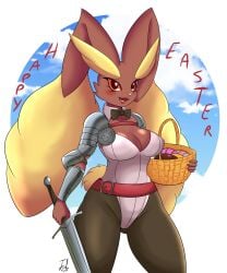 anthro anthrofied armor big_breasts breasts cleavage clothing easter female holidays jmf lopunny medieval_armour nintendo pokémon_(species) pokemon pokemon_(species) solo sword thick_thighs wide_hips