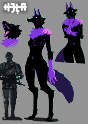 2020s 2023 alien alien_girl ankle_tuft anthro assault_rifle black_body breasts canine cheek_tuft claws closed_eyes comparison elbow_tufts fangs fen_(kemokin_mania) fluffy_tail furry kemokin_mania knee_tuft larger_female long_arms long_legs navel neck_fluff paws purple_fur purple_sclera purple_teeth purple_tongue soldier tail tall_female taller_female taller_girl teeth tongue weapon white_pupils