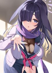 allied_hyakkiyako_academy_student big_breasts blue_archive cleavage lop_rabbit_ears ninjutsu_research_club_(blue_archive) oryou purple_eyes purple_hair rabbit_ears school_uniform schoolgirl skirt tsukuyo_(blue_archive)