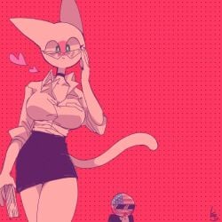 1girls animal_ear animal_tail big_breasts cat_ears cat_tail catgirl clothing countryhumans countryhumans_girl female female_only glasses heart japan_(countryhumans) kuzuyu_(artist) pink_background simple_background tail united_states_of_america_(countryhumans) white_body white_skin