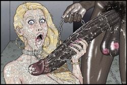 1boy 1girls big_penis blonde_hair bondage chains cum cum_in_mouth cum_on_body cum_on_breasts cum_on_face dark-skinned_male dark_skin female holding_penis interracial large_breasts leash looking_at_viewer male open_mouth poggers theseus9