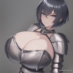 1girls ai_generated armor armored armored_female black_hair breastplate cleavage cleavage_overflow female female_human female_knight female_only huge_breasts human knight looking_at_viewer no_nose op_ai pale-skinned_female pale_skin short_hair smile smiling smiling_at_viewer staring_at_viewer unconvincing_armor