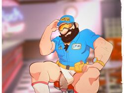 1boy beard clothing flaccid flaccid_penis foreman_spike gay gay_male glasses indoors male male_only mario_(series) muscles muscular muscular_male penis penis_out pinkmustacheguy solo super_mario_bros._(2023_film) wrecking_crew