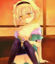 07th_expansion blush breasts hairband highres higurashi_no_naku_koro_ni houjou_satoko nipples off_shoulder open_clothes pantyhose pantyhose_pull pussy short_hair small_breasts tanada tear uncensored yellow_eyes