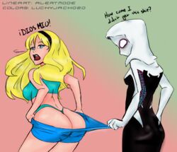 2girls anus ass big_ass big_butt blonde_hair blue_eyes butt dat_ass dual_persona fat_ass ghost-spider gwen_stacy gwen_stacy_(classic) hairband human large_ass marvel marvel_comics mexican_gwen_stacy panties pawg shorts sideboob spanish_text spider-gwen spider-man_(series) superhero superheroine thong undressing