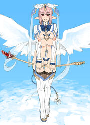 1girls breasts destiny_(ishida) elf female headdress highres huge_breasts large_breasts mama_(artist) nippleless_clothes nippleless_clothing nipples original pink_hair pointy_ears pussy red_eyes revealing_clothes scepter sky solo staff thigh_boots thighhighs uncensored wings