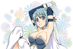 armpits blue_eyes blue_hair blush breasts cape elbow_gloves gloves grin large_breasts mahou_shoujo_madoka_magica miki_sayaka nipple_slip nipples short_hair smile sword thighhighs unagimaru undersized_clothes weapon