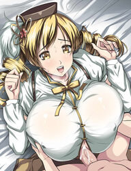 blonde_hair breast_grab breasts breath censored cum female happy_sex heavy_breathing huge_breasts human kloah mahou_shoujo_madoka_magica male open_mouth paizuri paizuri_under_clothes penis straight sweat tomoe_mami veins