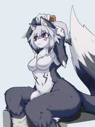 anthro ass breasts canine comb compression_artifacts female fox fur furry grey_background grey_hair large_ass navel nude original_character purple_eyes sakamata_orca short_hair sitting socks solo tail thick_thighs wide_hips