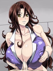 breasts brown_hair censored cleavage cum erect_nipples female gundam gundam_00 huge_breasts human kloah male paizuri paizuri_under_clothes penis pov straight sumeragi_lee_noriega