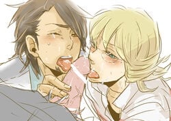 aqua_eyes barnaby_brooks_jr blonde_hair brown_eyes brown_hair cum cum_in_mouth cum_on_glasses fellatio goatee group_sex hair kaburagi_t_kotetsu licking male oral penis threesome tiger_&_bunny tongue yaoi