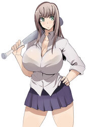 baseball_bat big_breasts breasts cleavage green_eyes huge_breasts kloah skirt