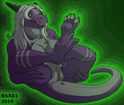 anus danza dragon hair horns nude purple purple_skin pussy solo spreading stripe tail teeth tongue white_hair