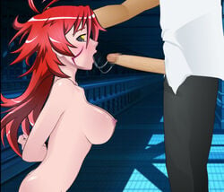 1boy 1girls arms_behind_back arms_tied blush bound_arms breasts censored cum cum_in_mouth fellatio forced_oral hair hand_on_head konashion masane_amaha oral penis rape red_hair saliva screencap super_deepthroat_game unseen_male_face witchblade yellow_eyes