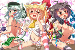 3girls animal_ears blush breasts cum cum_inside female flandre_scarlet green_eyes group_sex koishi_komeiji legwear male nue_houjuu open_mouth orange_eyes panties penis pussy red_eyes sex small_breasts stockings straight sushoyushi tail thighhighs topless touhou uncensored underwear