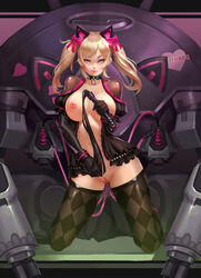 adapted_costume alternate_costume alternate_eye_color animal_ears argyle argyle_legwear babydoll black_cat_d.va black_dress black_gloves black_legwear blcat4444 blonde_hair bow breasts breasts_out cat_ears checkered checkered_legwear choker cleavage collarbone contrapposto d.va dress eyeliner female full_body gloves heart highres holding_whip hose kneeling large_breasts light_smile lips lolita_fashion long_sleeves looking_at_viewer makeup mecha medium_hair meka navel nipple_piercing nipple_rings nipples no_panties object_insertion overwatch piercing pink_bow pink_eyes pink_lips puffy_sleeves purple_eyes pussy seductive_smile smile solo thighhighs tube twintails vaginal_object_insertion vaginal_penetration whip