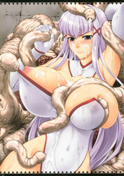 blush breasts cleavage color cum cum_on_breasts cum_on_clothes cum_on_face cum_on_hair highres huge_breasts imminent_rape large_breasts long_hair nipples one_breast_out purple_hair rindou_(radical_dream) rindou_aya stripped_by_tentacles tentacle tentacle_around_arm tentacle_grab