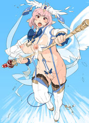 1girls breasts destiny_(ishida) elf erect_nipples female highres large_breasts mama_(artist) nippleless_clothes nippleless_clothing nipples original pink_hair pointy_ears pussy red_eyes revealing_clothes scepter sky solo staff sweat thigh_boots thighhighs uncensored wings