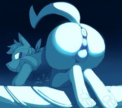 1boy 3_toes all_fours anthro anus ass big_ass big_testicles blue_background blue_eyes blue_theme canine feet furry half-closed_eyes looking_back lucario male male_only monochrome nintendo no_nipples nude on_bed pawpads paws pawsmasher perineum pokemon pokemon_(species) pokemon_dppt presenting presenting_hindquarters puffy_anus raised_tail simple_background soles solo spikes tail testicles thick_thighs toes video_games