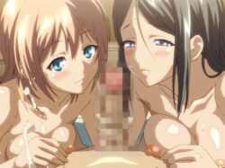 animated blue_eyes blush breasts censored cum handjob kamimura_chika kamimura_haruka natsu_no_saigo_no_hi nipples nude penis short_hair sisters_~natsu_no_saigo_no_hi~ sweat