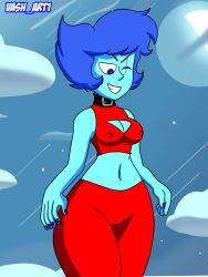 blue_body blue_eyes blue_hair blue_nails blue_skin boob_window breasts lapis_lazuli_(steven_universe) large_breasts navel necklace nipples_visible_through_clothing one_eye_closed pants red_pants red_topwear scar smile smiling steven_universe topwear vash_art wide_hips